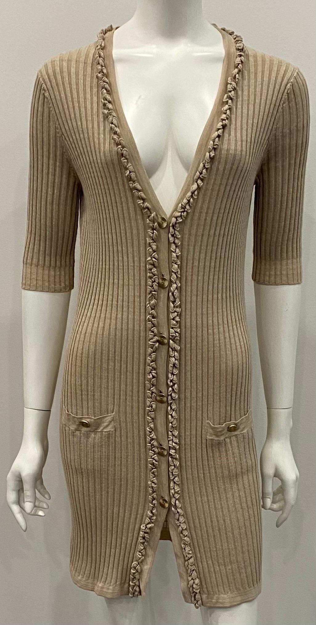 Brown Chanel Champagne Cotton Knit 3/4 Sleeve Sleeve Dress/Coat - Sz 38 For Sale