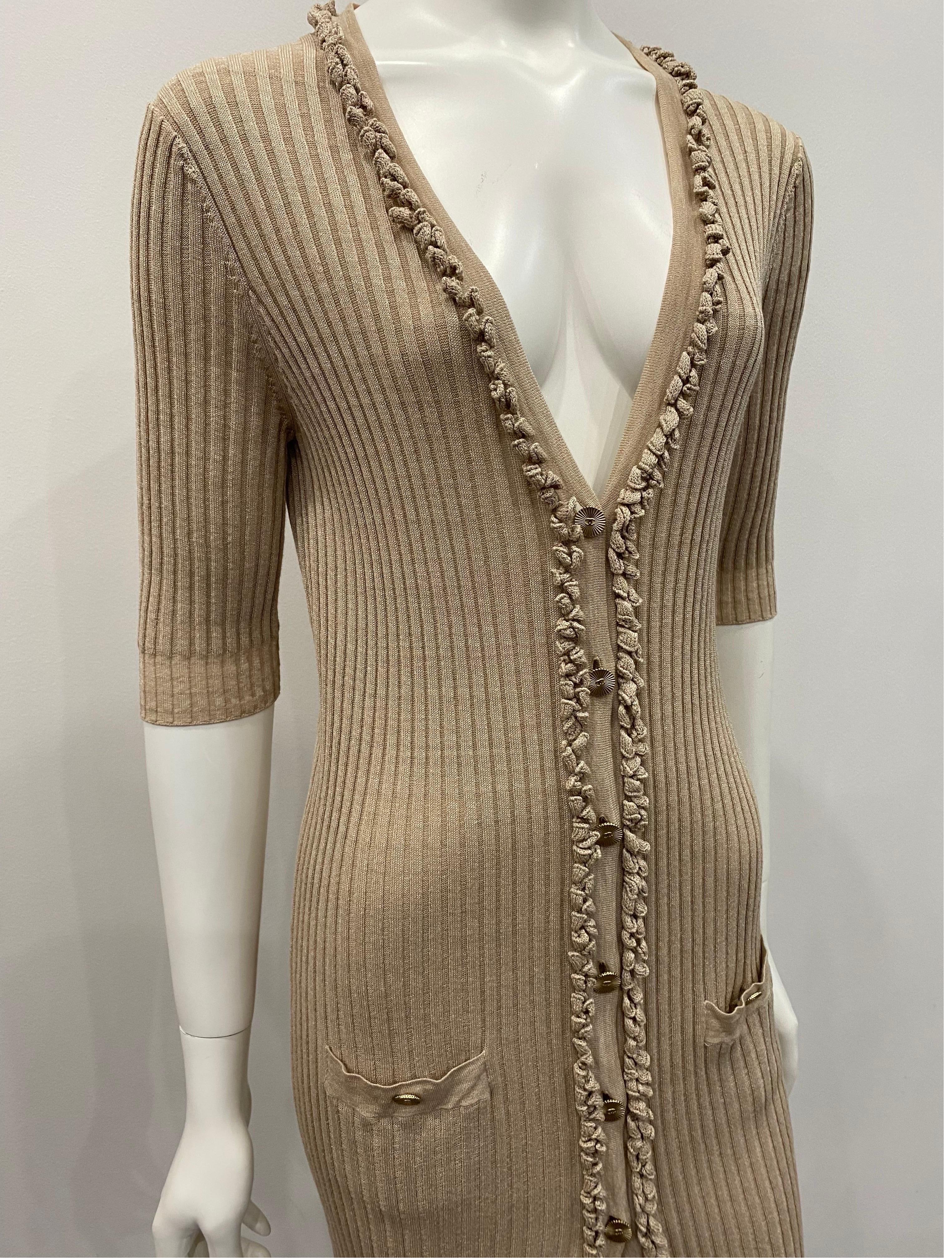 Chanel Champagne Cotton Knit 3/4 Sleeve Sleeve Dress/Coat - Sz 38 In Good Condition For Sale In West Palm Beach, FL