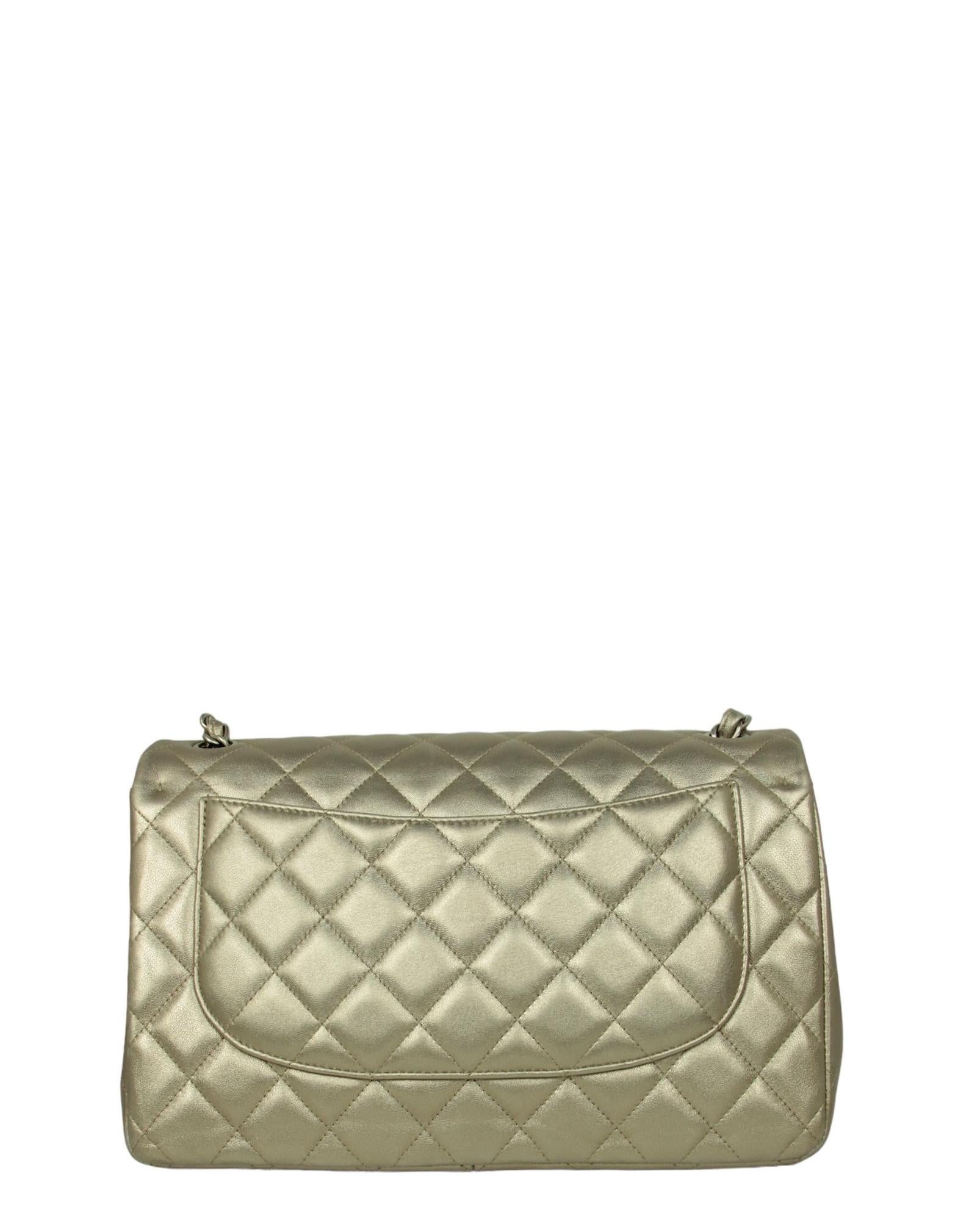 Chanel Champagne Gold Lambskin Leather Quilted Classic Double Flap Jumbo Bag In Excellent Condition In New York, NY