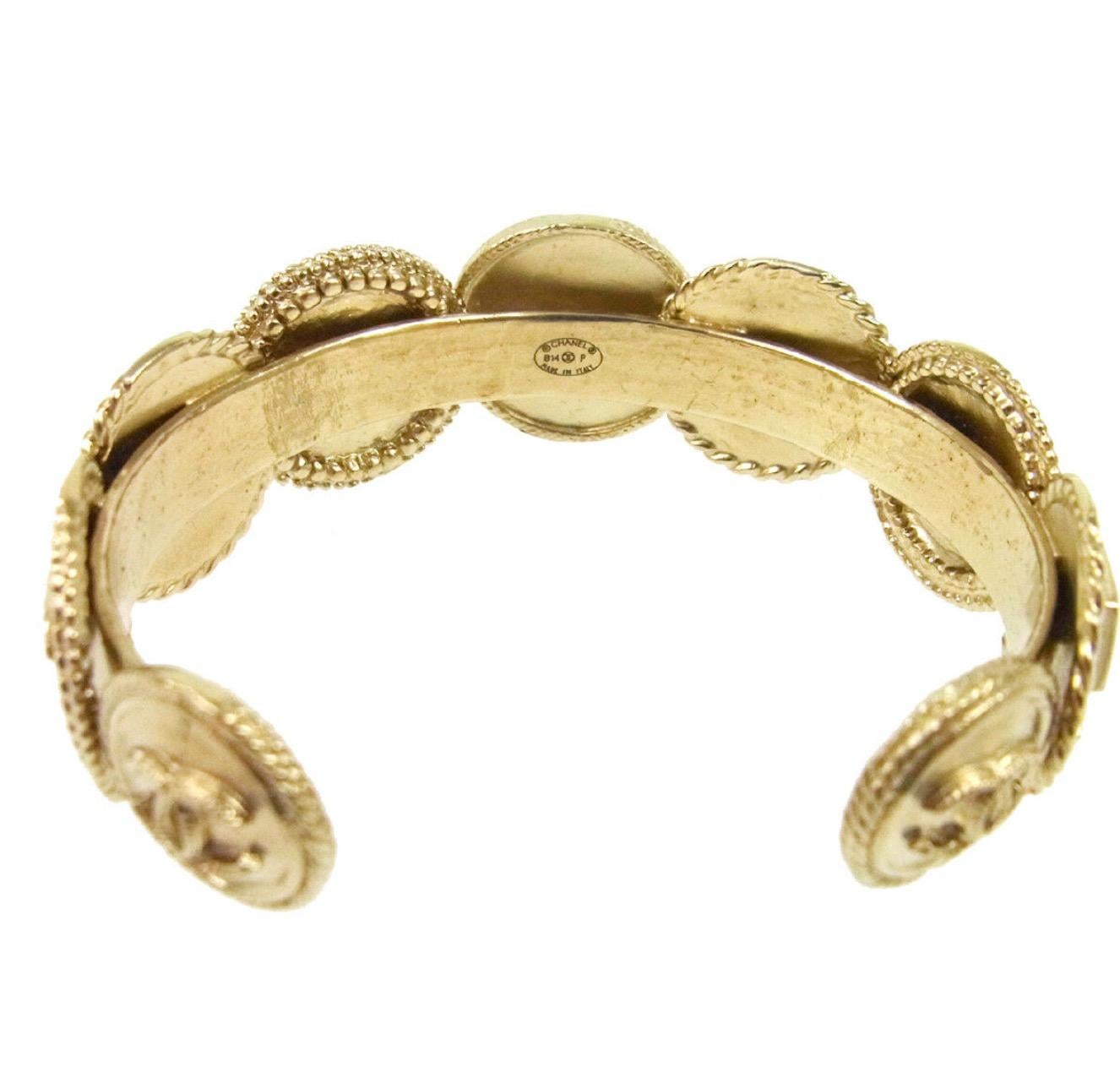 Women's Chanel Champagne Gold Textured Coin Charm Evening Cuff Bracelet in Box
