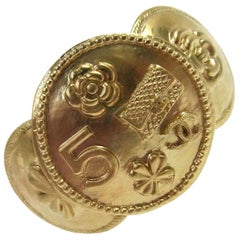 Chanel Champagne Gold Textured Wide Coin Charm Evening Cuff Bracelet