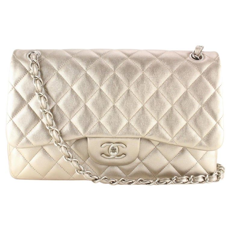 Chanel Champagne Lambskin Leather Quilted Jumbo Classic Double Flap SHW  3CC0123 For Sale at 1stDibs