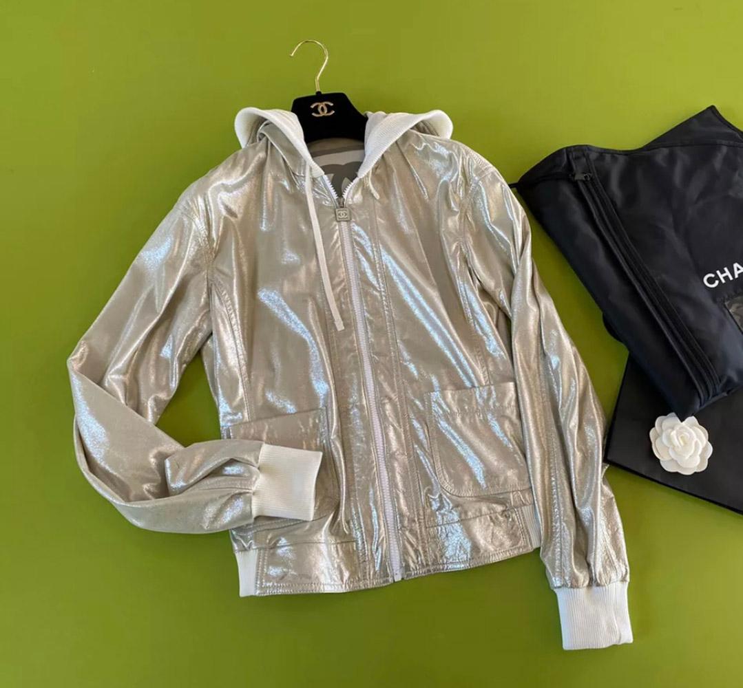 Chanel Champaign Metallic Leather Bomber Jacket In Excellent Condition For Sale In Dubai, AE