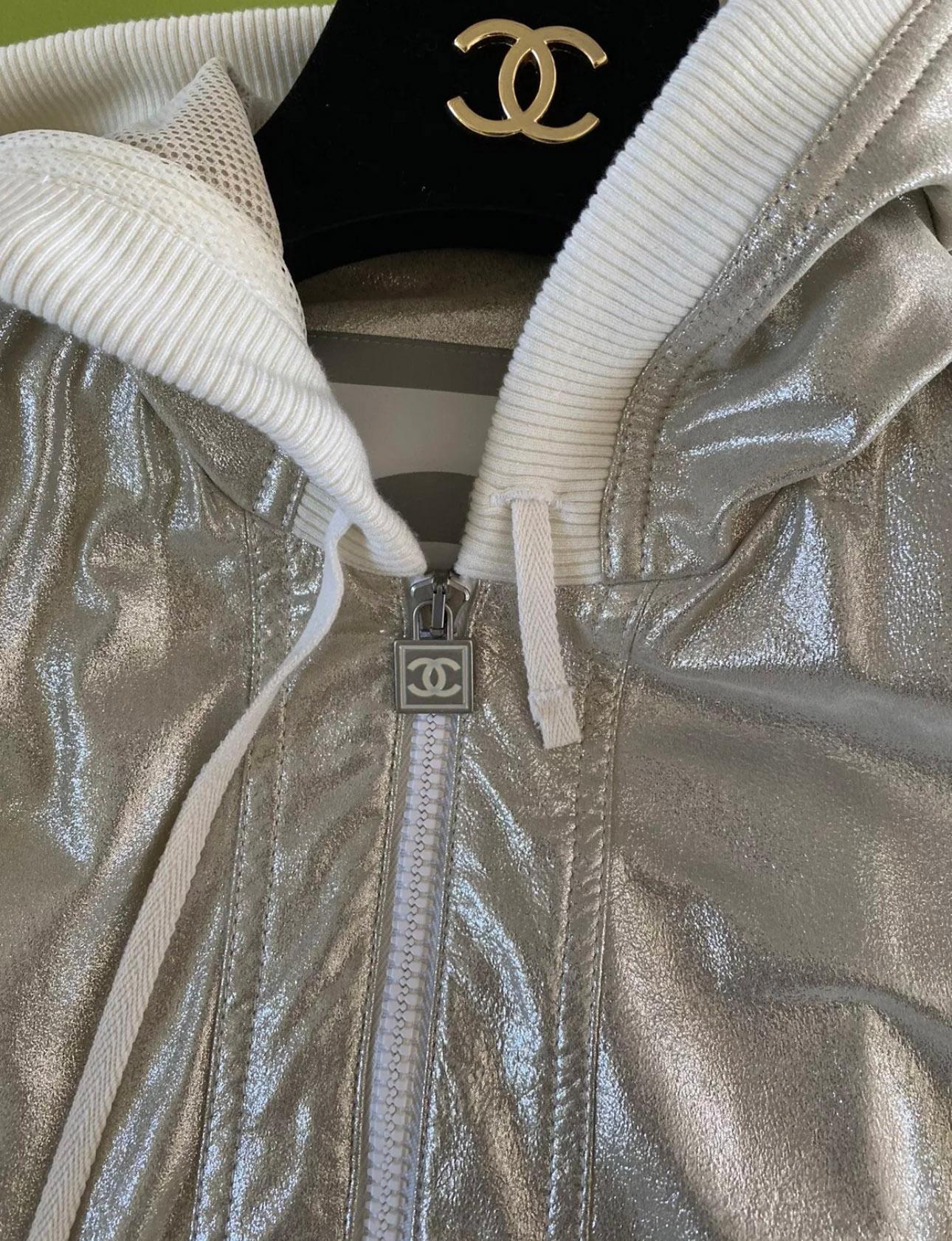 Chanel Champaign Metallic Leather Bomber Jacket For Sale 2