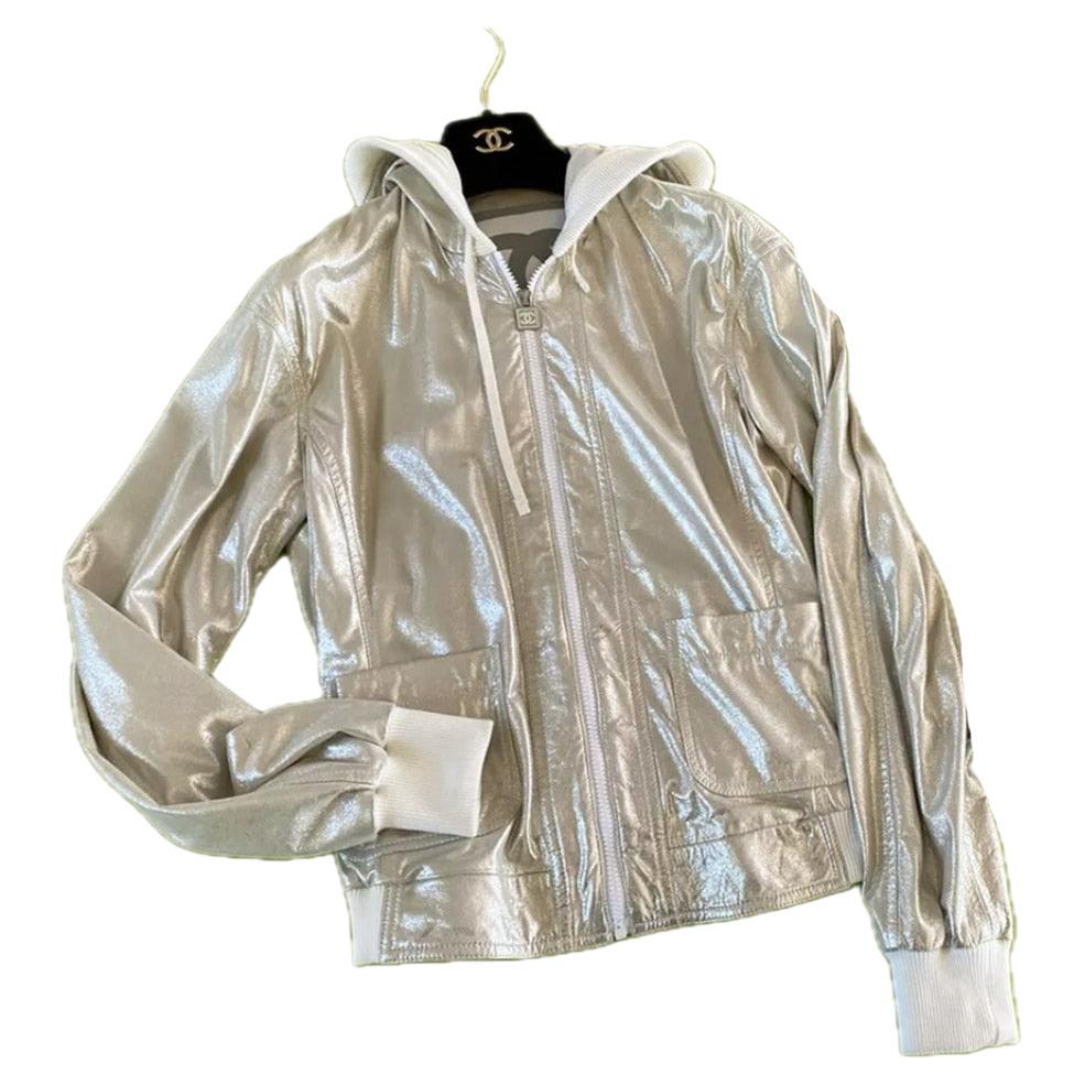 Chanel Champaign Metallic Leather Bomber Jacket For Sale