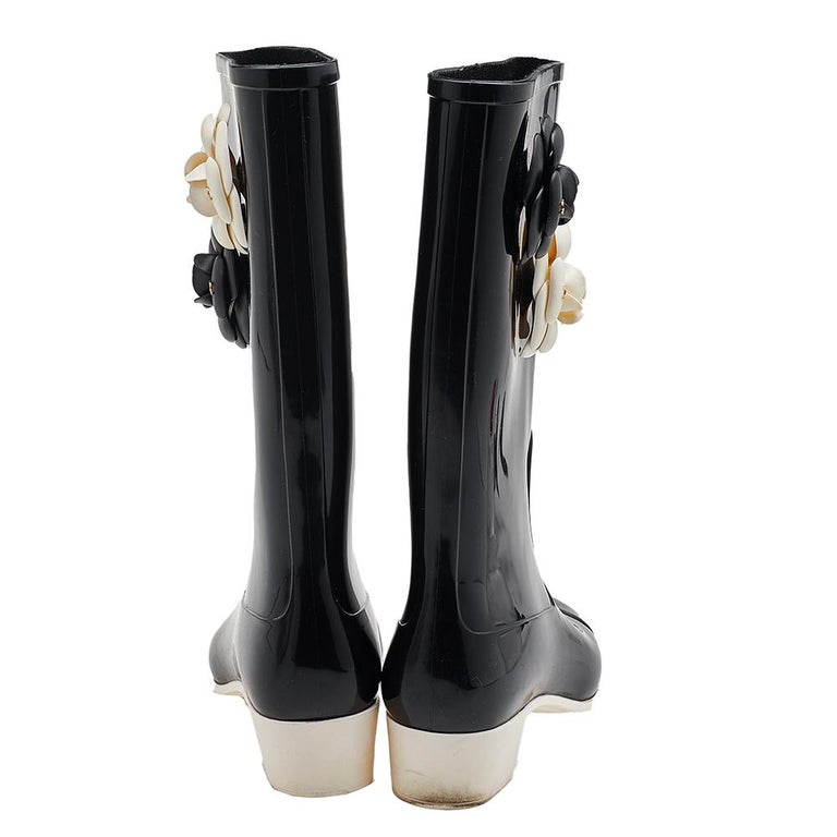 CHANEL Chanel Black Rubber Camellia Rain Boots Size 38 at 1stDibs