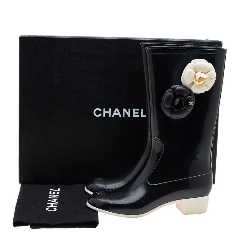 CHANEL Chanel Black Rubber Camellia Rain Boots Size 38 at 1stDibs