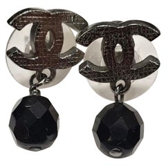 Chanel Chanel CC Black Crystal Drop Silver Tone Earrings