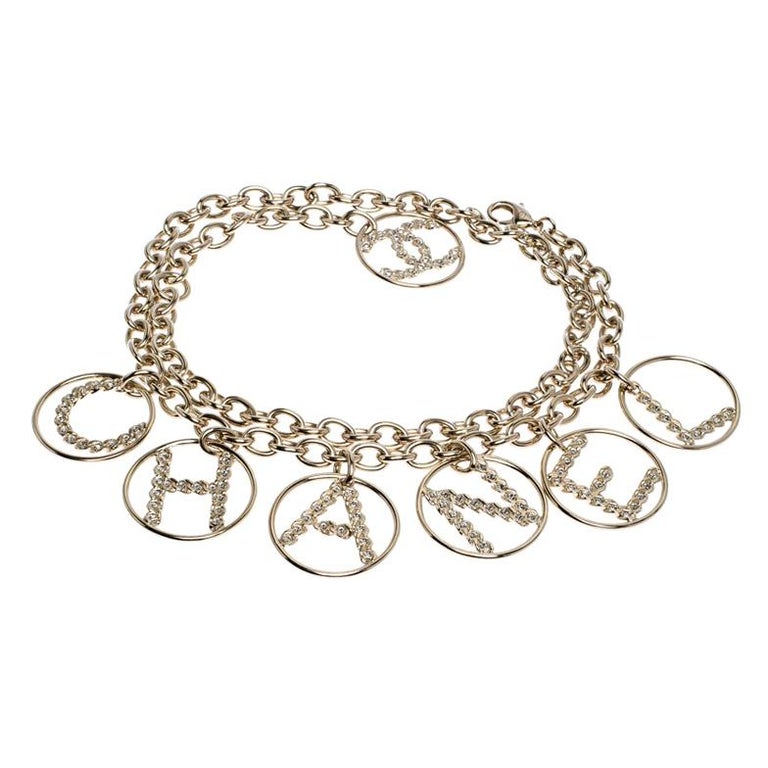Chanel Crystal Gold Tone Chain Link Charm Belt For Sale at 1stDibs