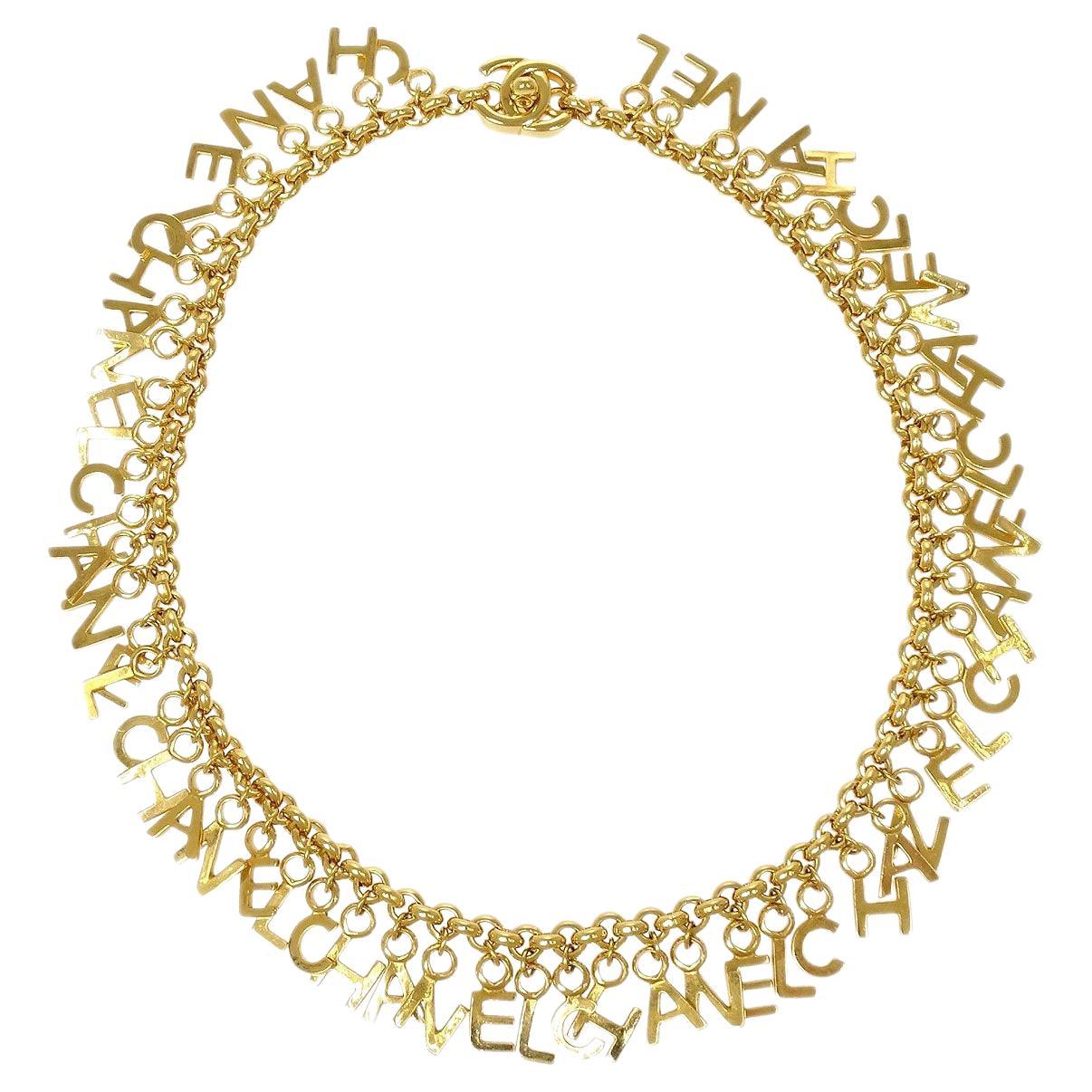 CHANEL 'CHANEL' Gold Metal Chain Logo Choker Necklace For Sale