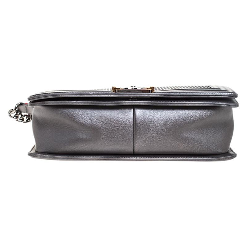 Chanel Metallic Grey Cube Embossed Leather New Medium Boy Flap Bag 5
