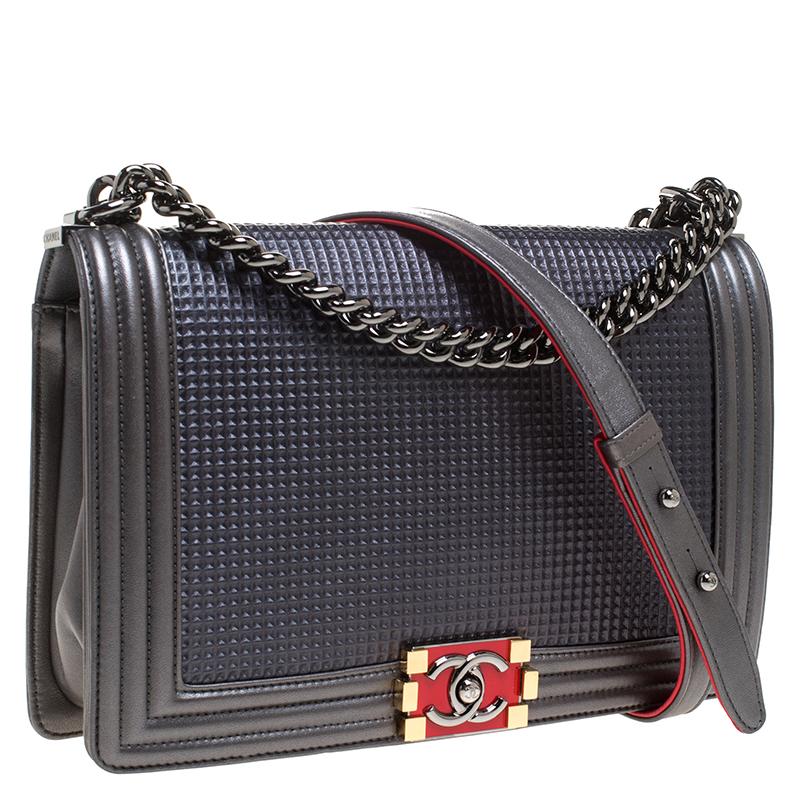 Women's Chanel Metallic Grey Cube Embossed Leather New Medium Boy Flap Bag