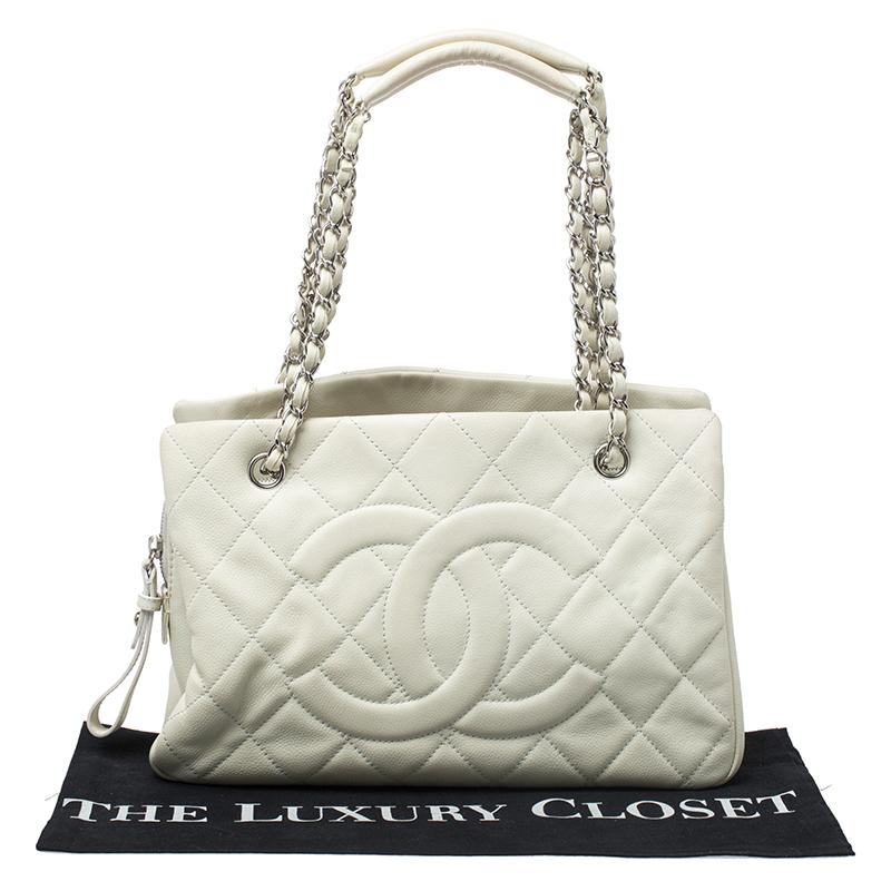 Chanel Off White Quilted Caviar Leather Timeless Shopper Tote 8