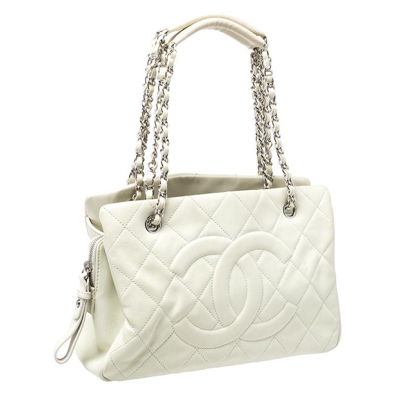 Women's Chanel Off White Quilted Caviar Leather Timeless Shopper Tote