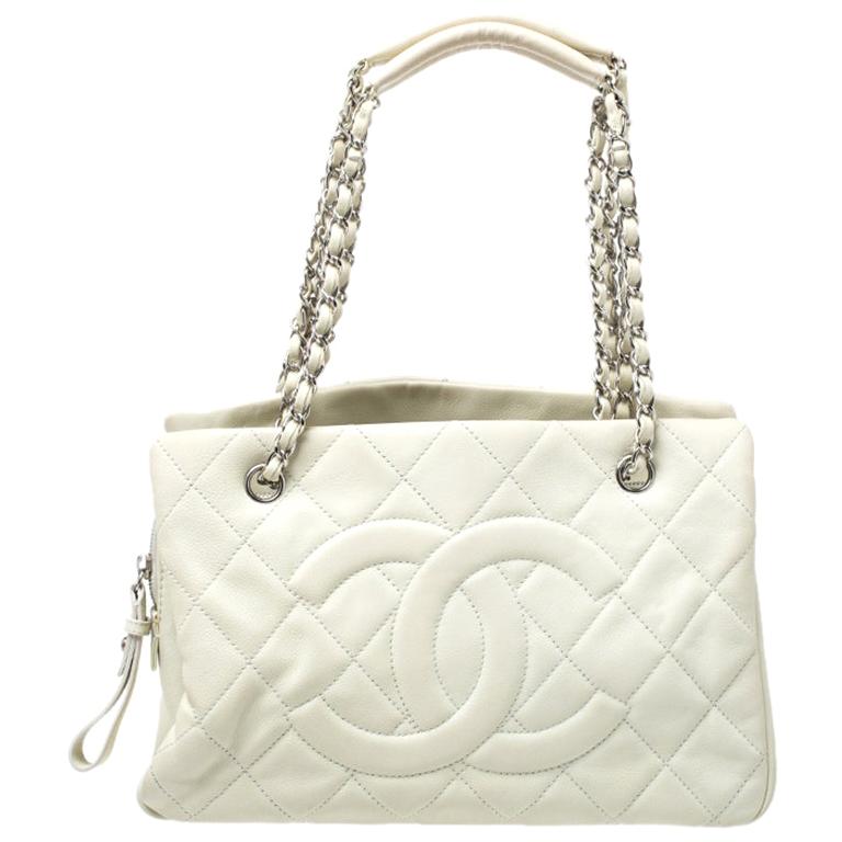 Chanel Off White Quilted Caviar Leather Timeless Shopper Tote