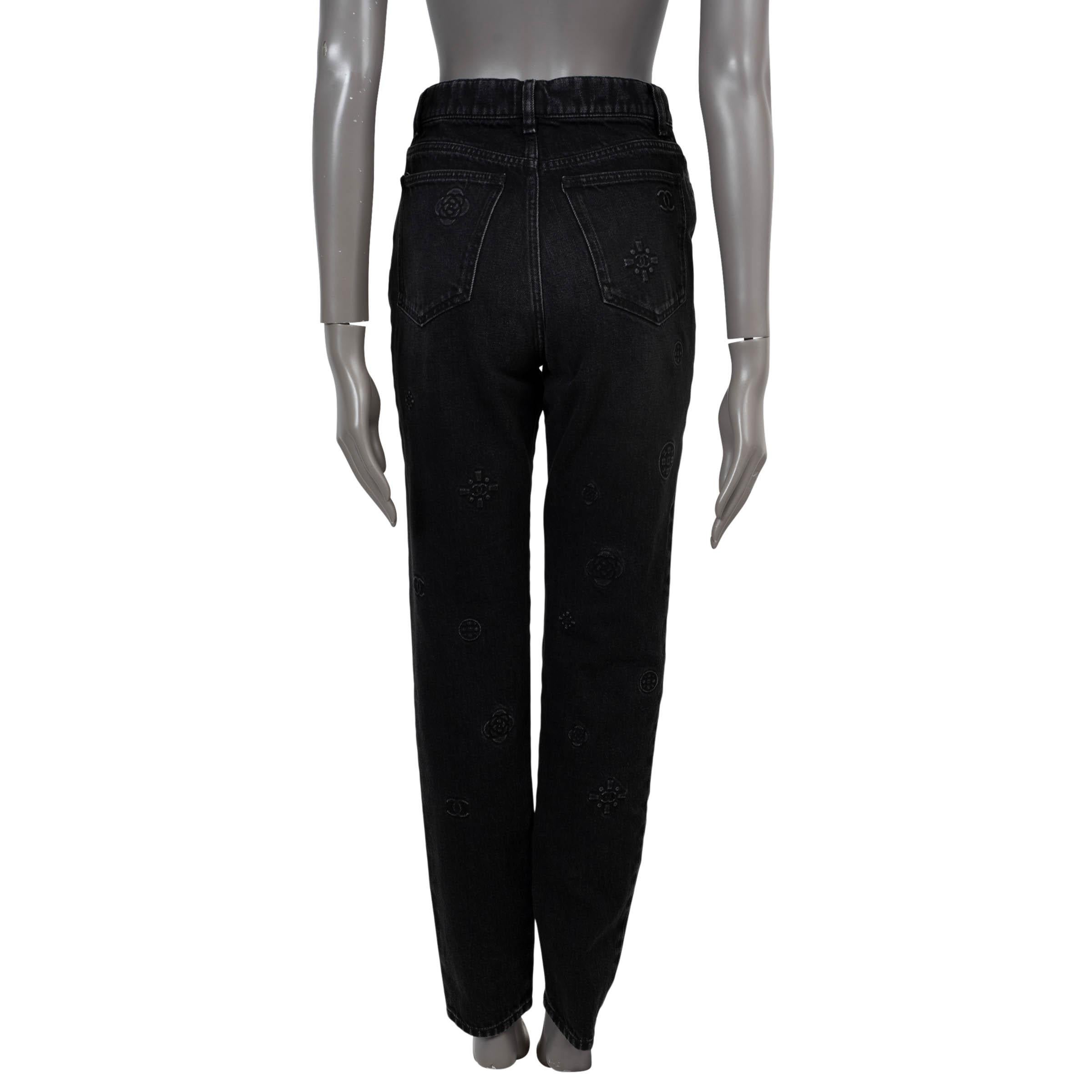 Black CHANEL charcoal grey cotton denim 2021 21P LOGO TAPERED JEANS Pants 38 S