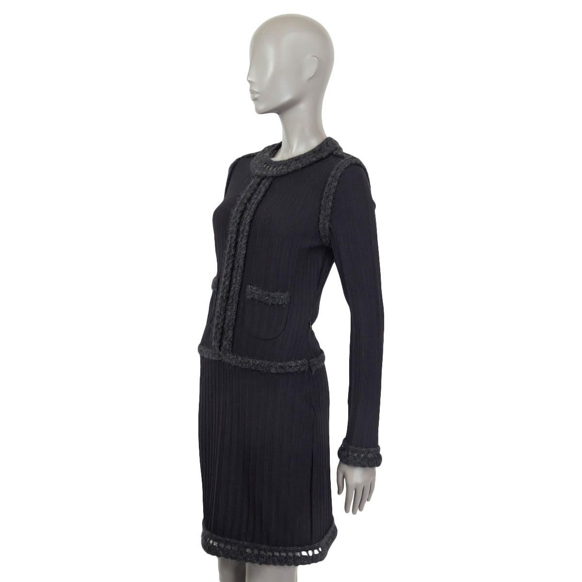 Black CHANEL charcoal grey wool & mohair 2010 CROCHET TRIM KNIT Dress XS For Sale