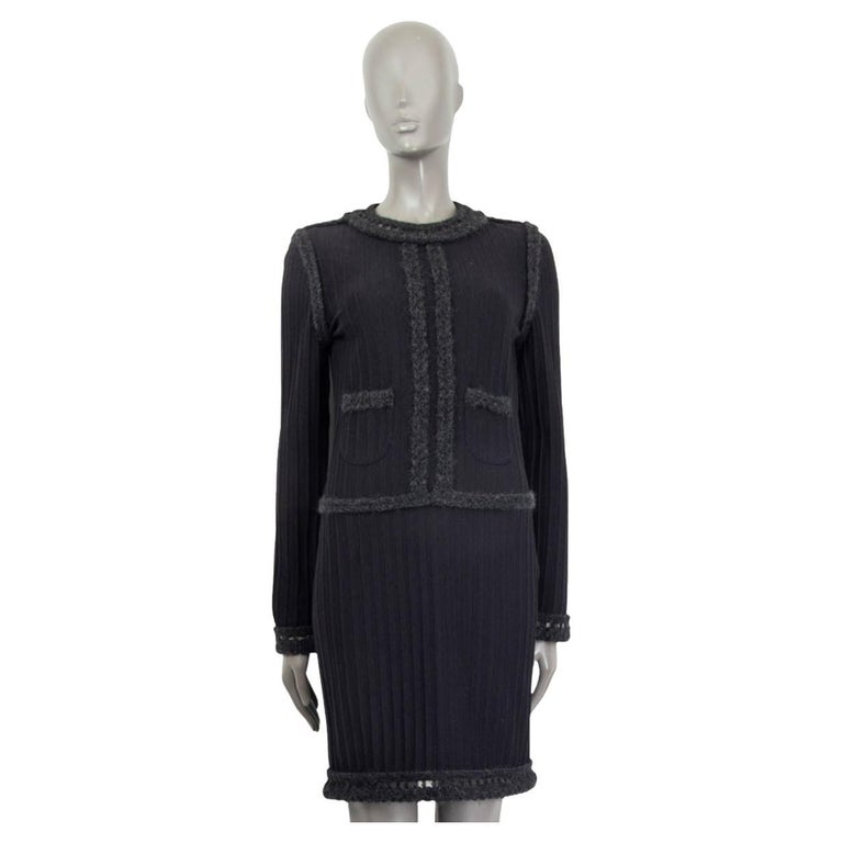 CHANEL charcoal grey wool and mohair 2010 CROCHET TRIM KNIT Dress XS