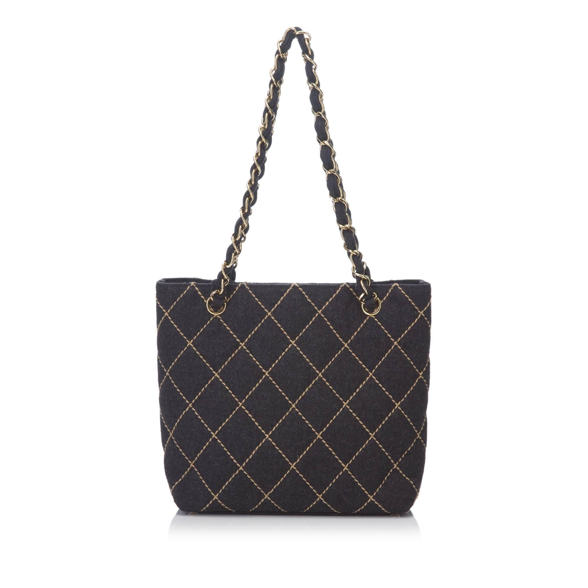 Black Chanel Charcoal Surpique Wool Shoulder Bag