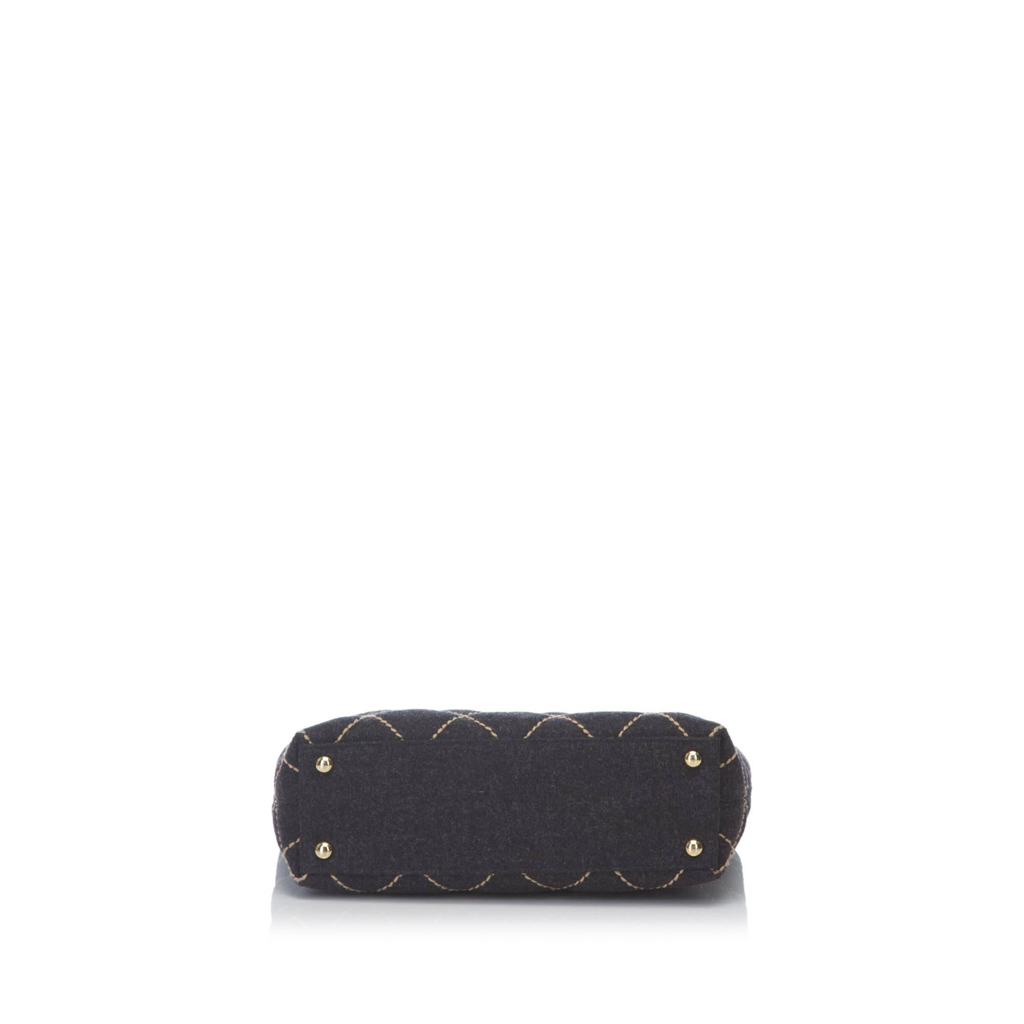 Chanel Charcoal Surpique Wool Shoulder Bag In Good Condition In Orlando, FL