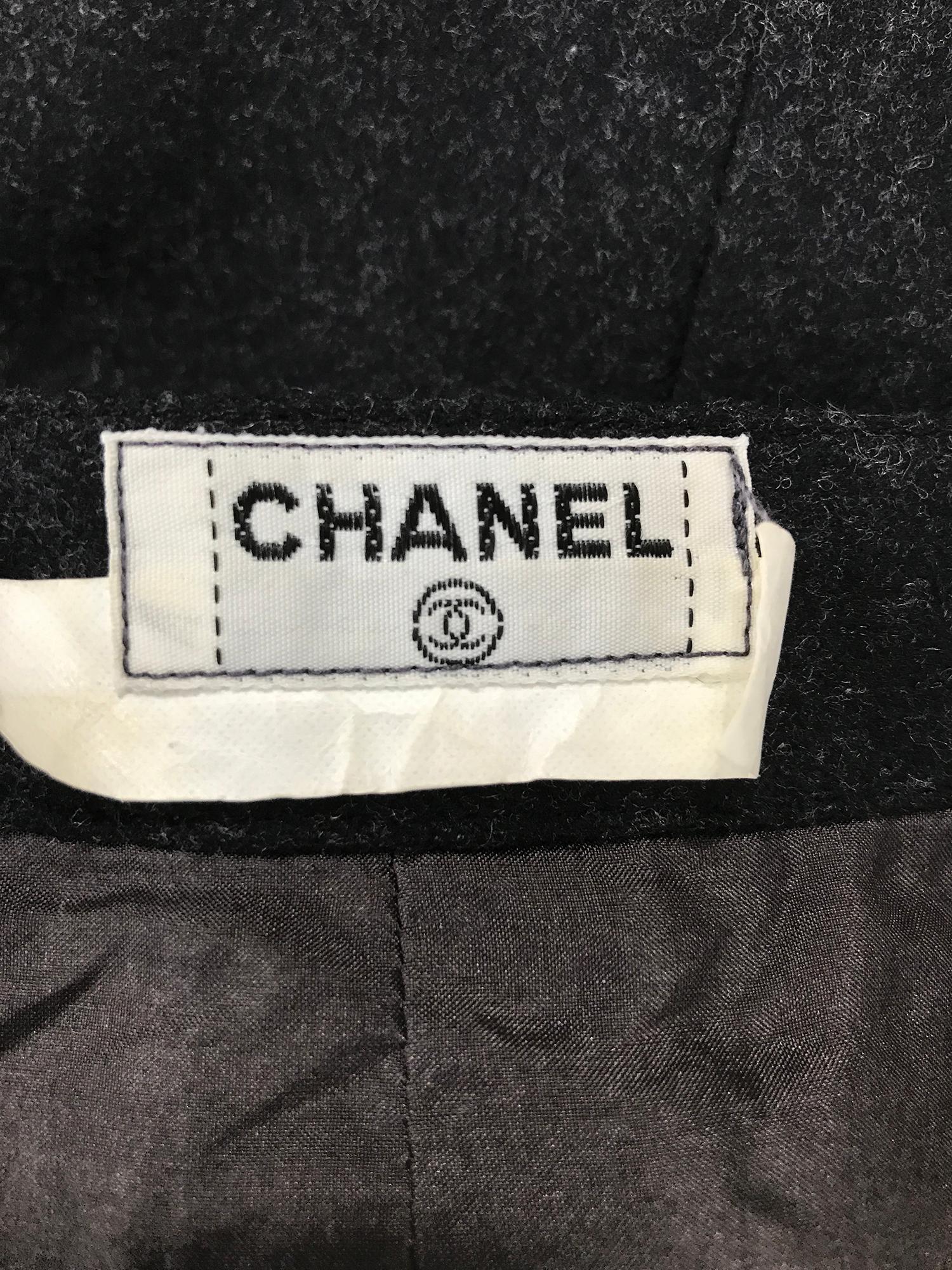 Chanel Charcoal Wool Kick Pleat Front Pocket Pencil Skirt Vintage For Sale 7