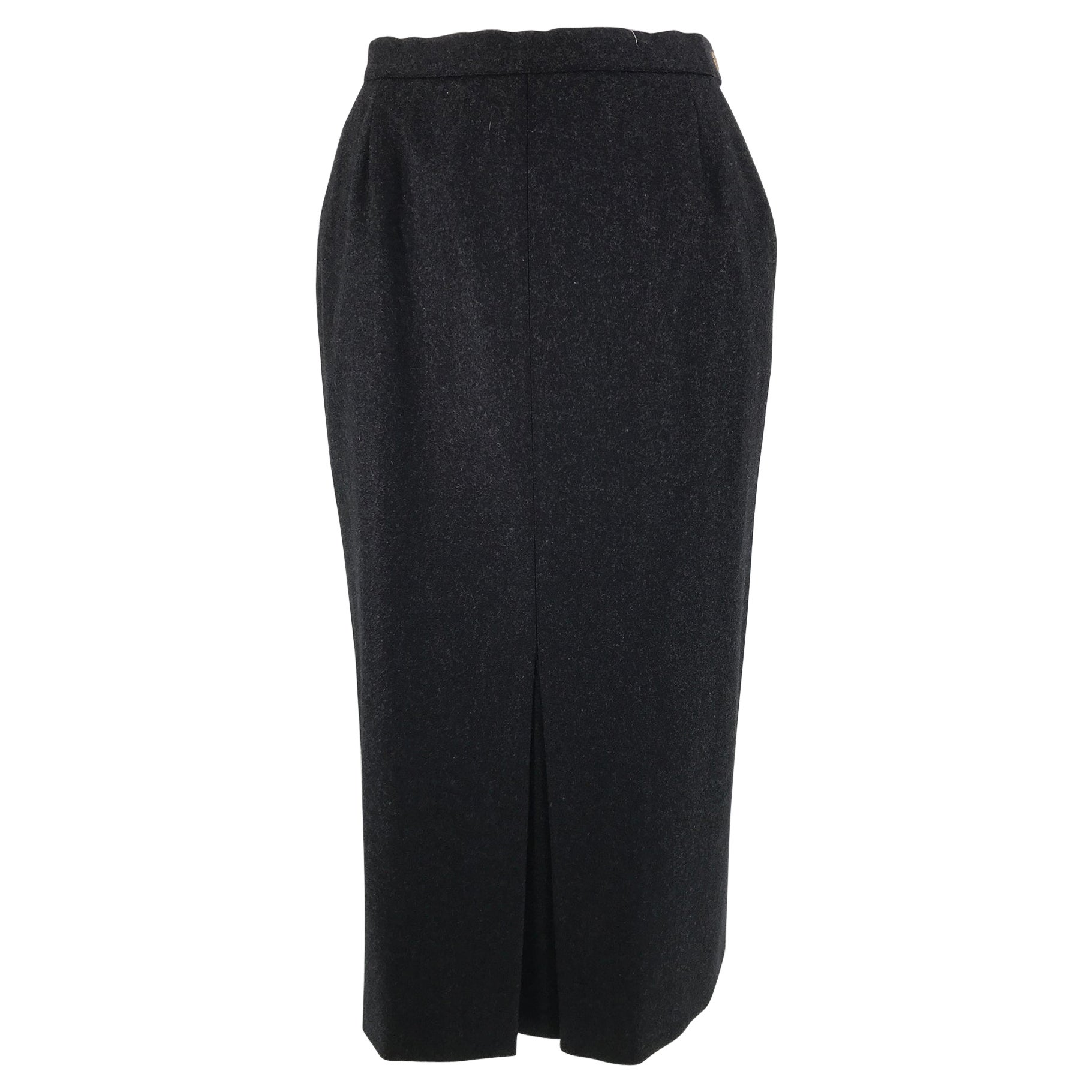 Chanel Lana Carbón Kick Plisado Bolsillo Delantero Falda Lápiz Vintage