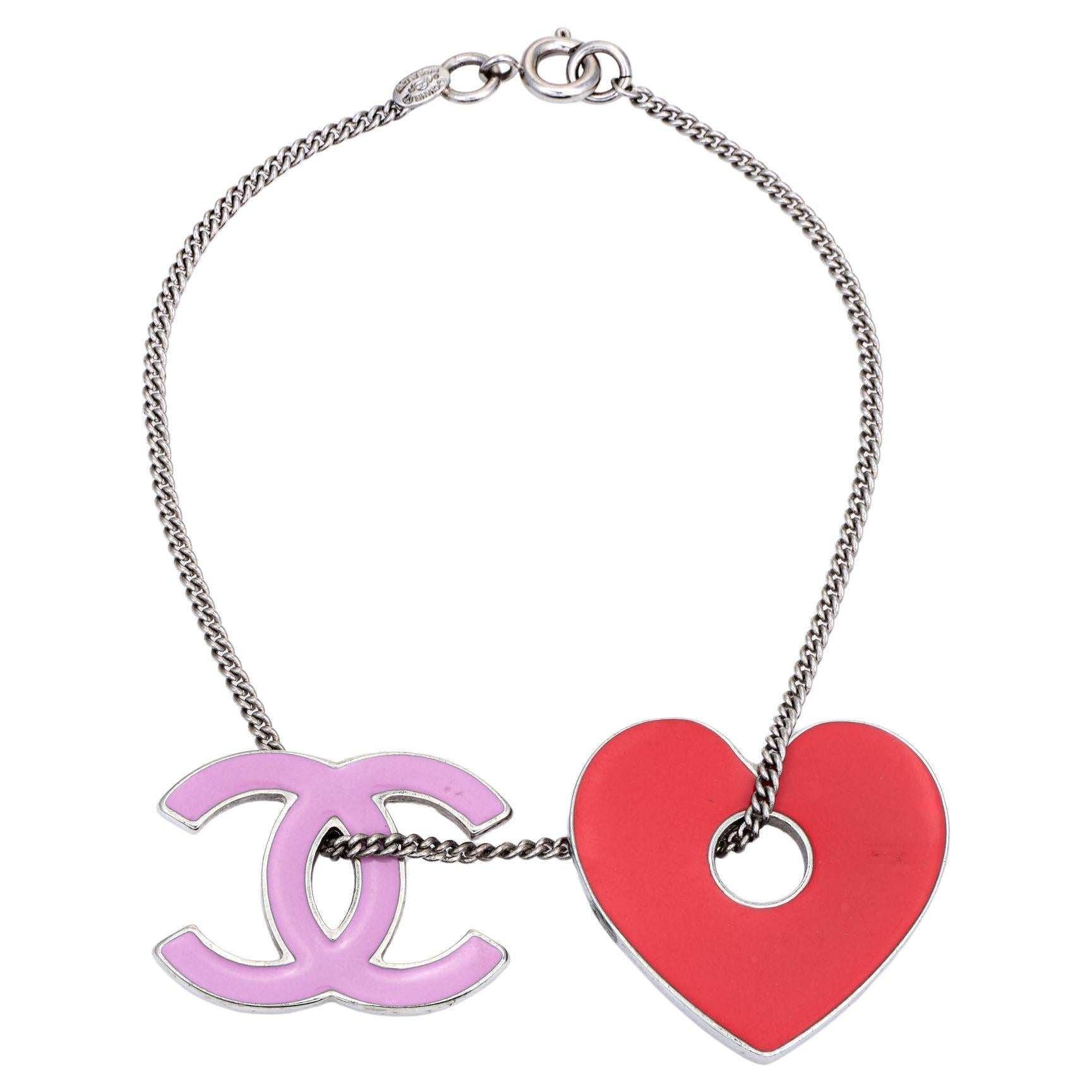 Chanel Charm Bracelet Spring c2004 Heart CC Logo White Metal 7.5"  For Sale