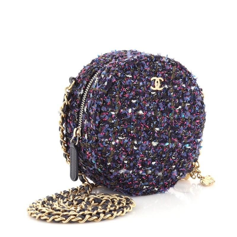 Black Chanel Charm Round Clutch with Chain Quilted Tweed
