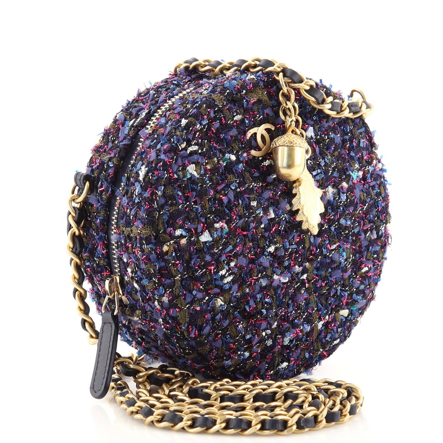 Chanel Charm Round Clutch with Chain Quilted Tweed at 1stDibs