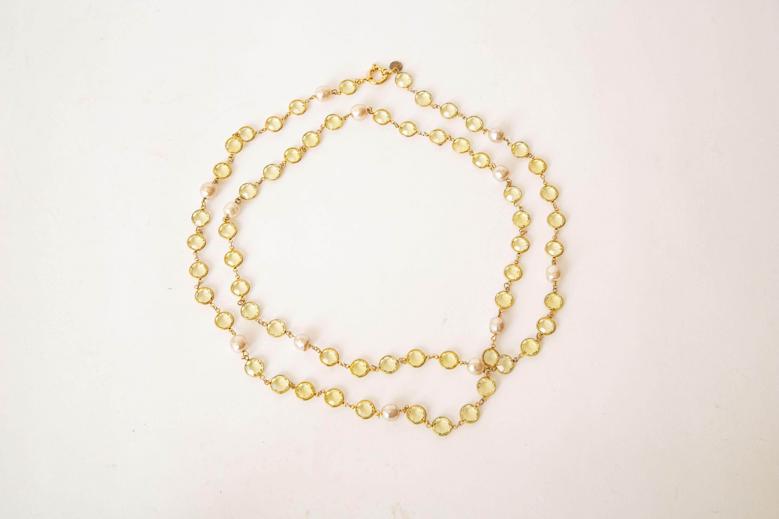 Modern Vintage Chanel Chartreuse Beveled Crystals And Faux Pearl Sautoir Wrap Necklace