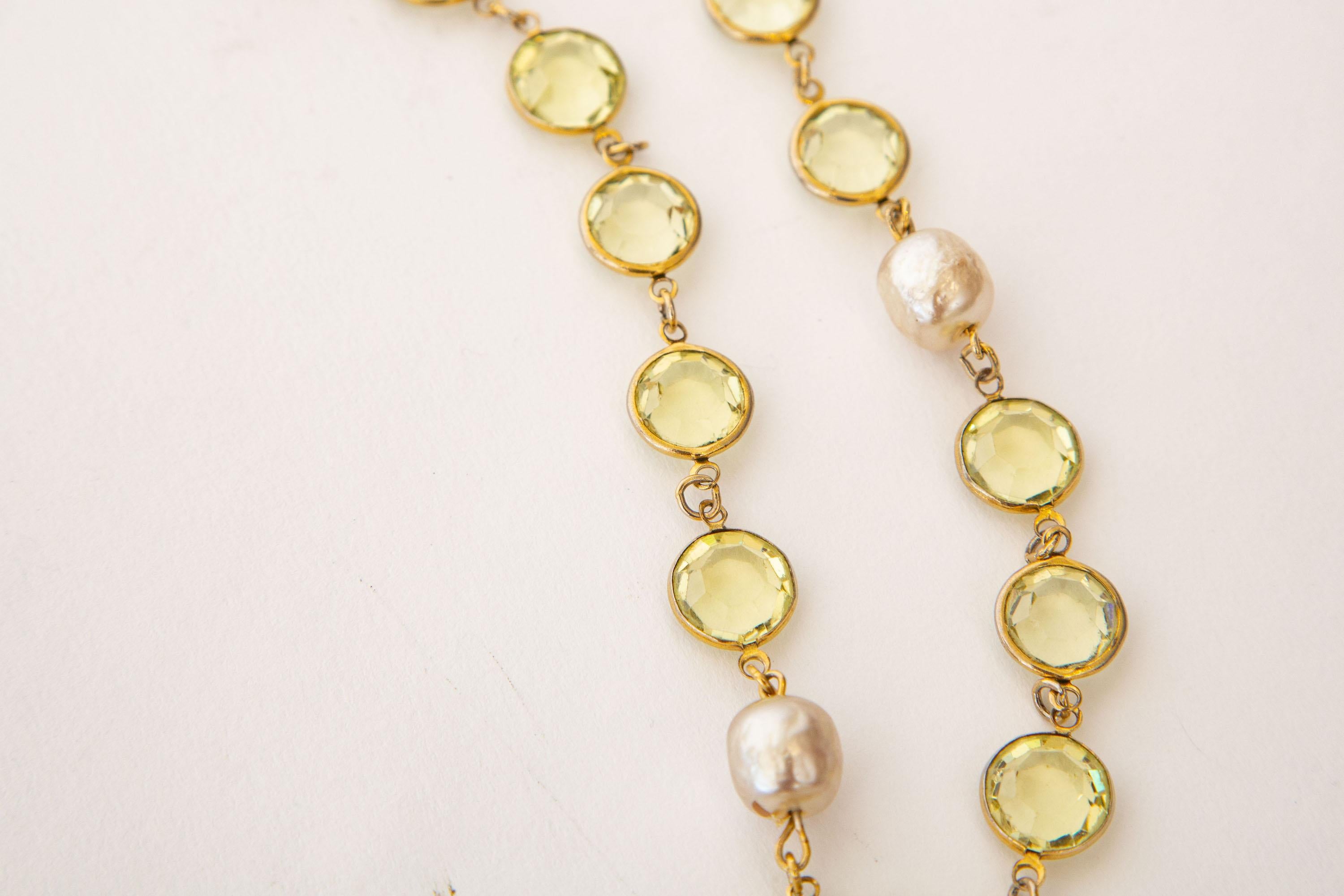 Women's Vintage Chanel Chartreuse Beveled Crystals And Faux Pearl Sautoir Wrap Necklace