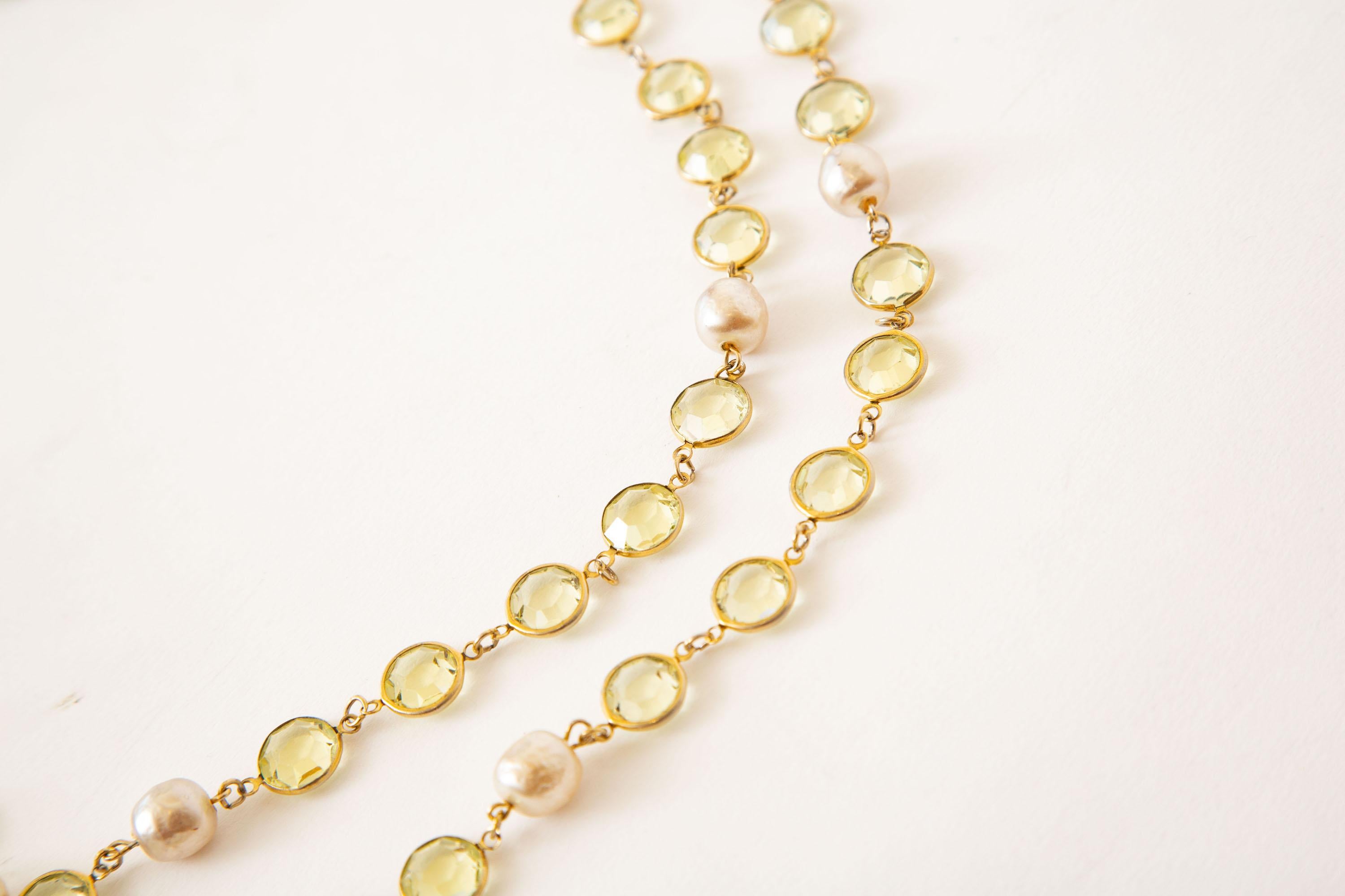 Vintage Chanel Chartreuse Beveled Crystals And Faux Pearl Sautoir Wrap Necklace 1