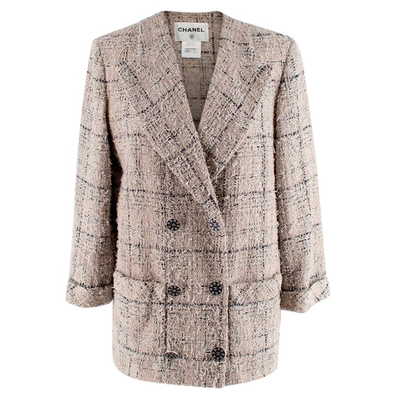 Chanel Checkered Cotton Tweed Double Breasted Collarless Jacket - Size US 10