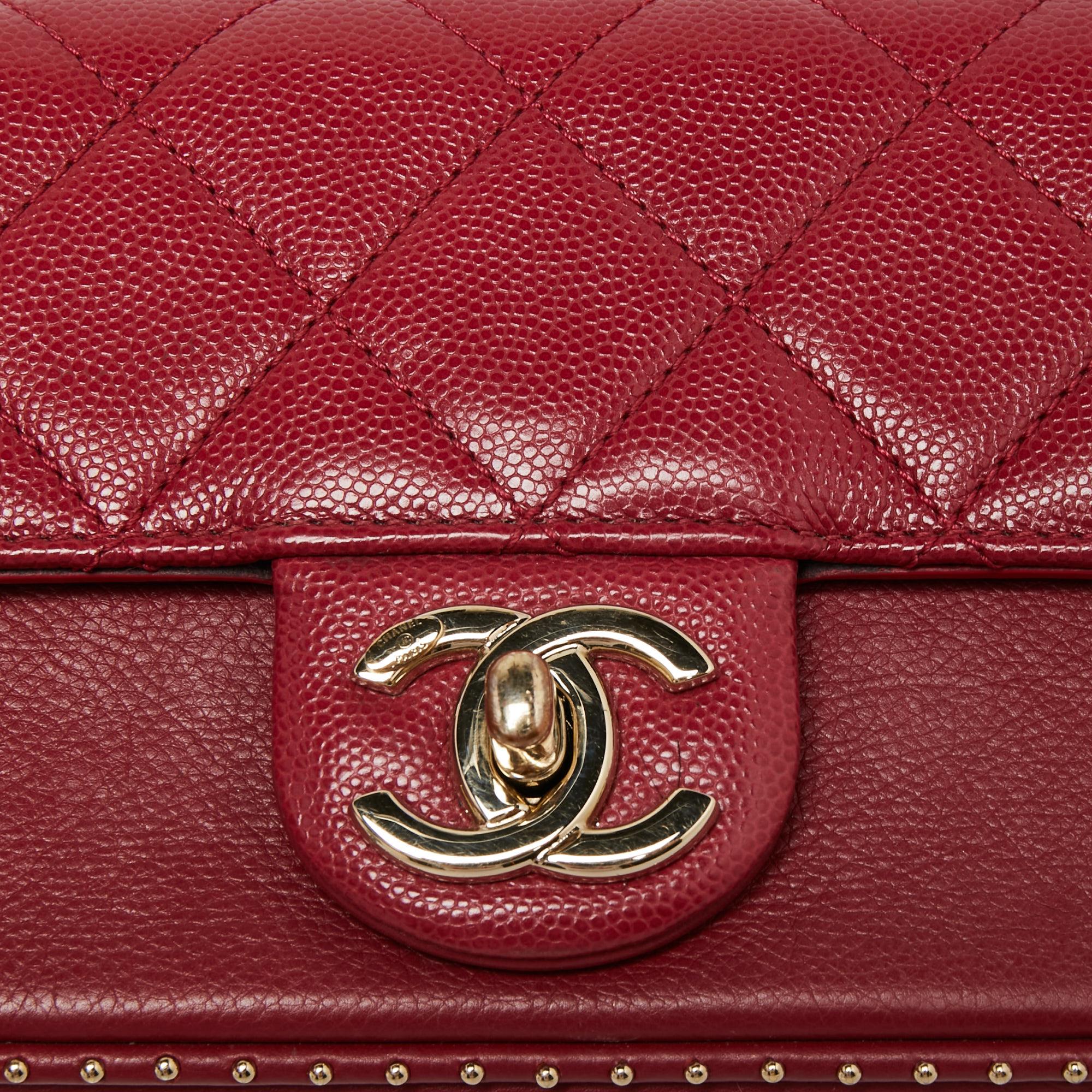 Chanel Cherry Red Caviar Quilted Leather Small Studded Flap Bag 4