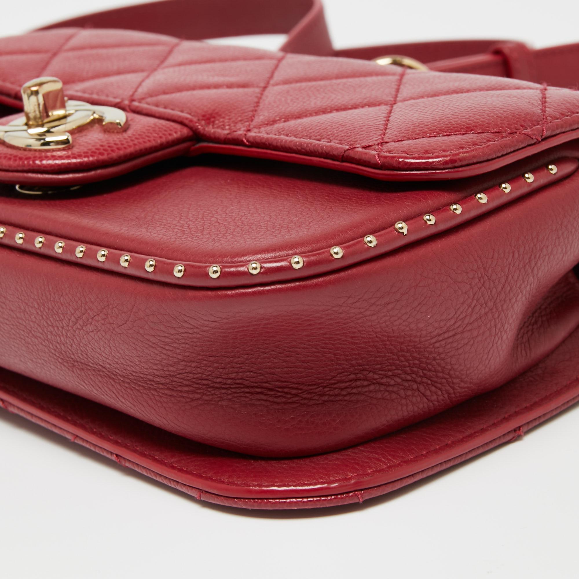 Chanel Cherry Red Caviar Quilted Leather Small Studded Flap Bag 6