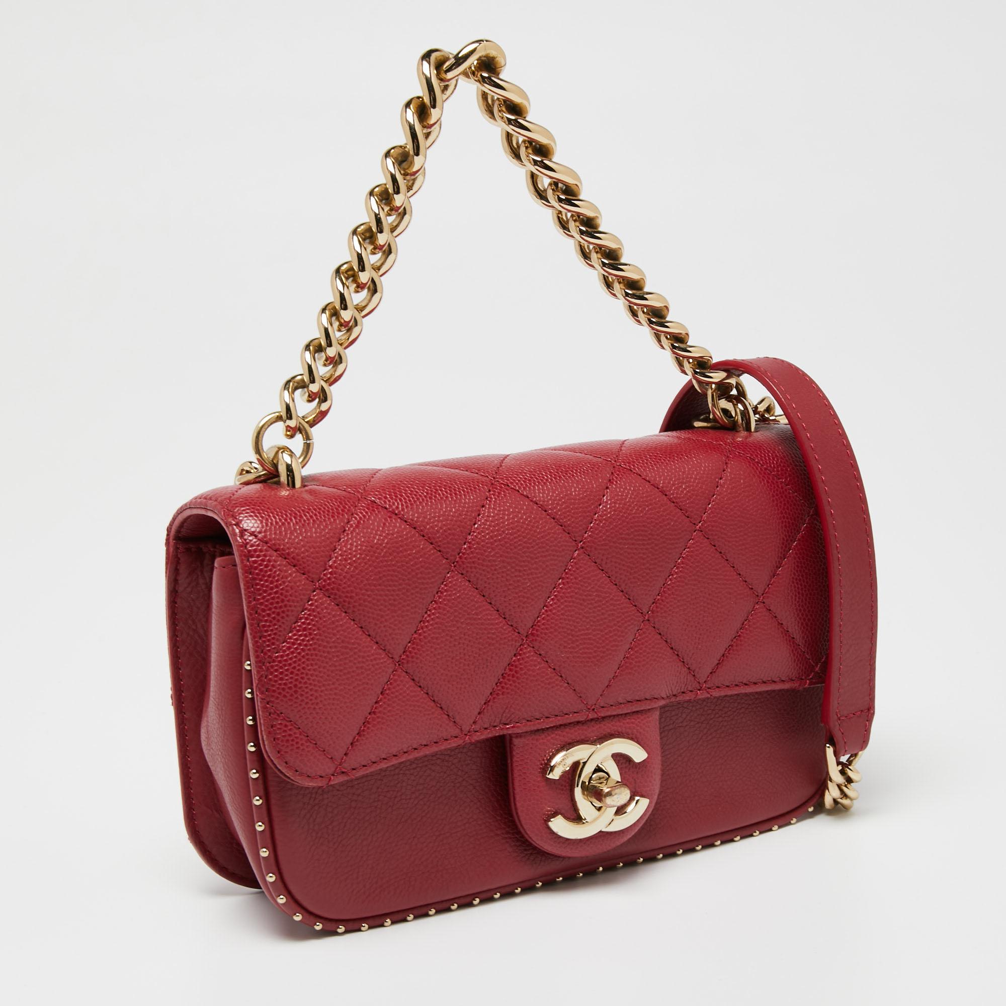 Brown Chanel Cherry Red Caviar Quilted Leather Small Studded Flap Bag