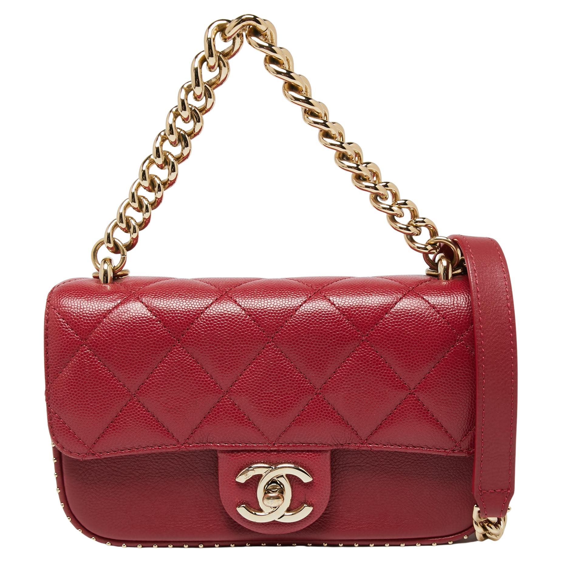 Chanel Cherry Red Caviar Quilted Leather Small Studded Flap Bag