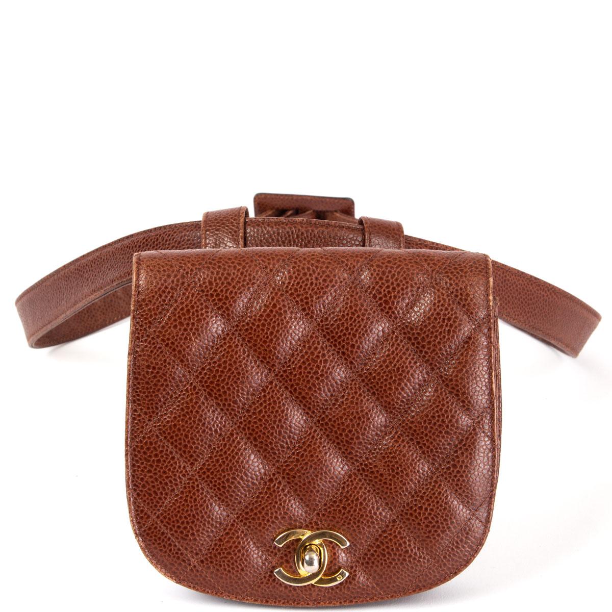 100% authentic Chanel 1990s quilted CC belt bag in chestnut brown caviat leather that's been stitched with the brand's iconic diamond quilting. Opens with the signature CC turn-lock and is lined in chestnut brown leather with one internal zip pocket