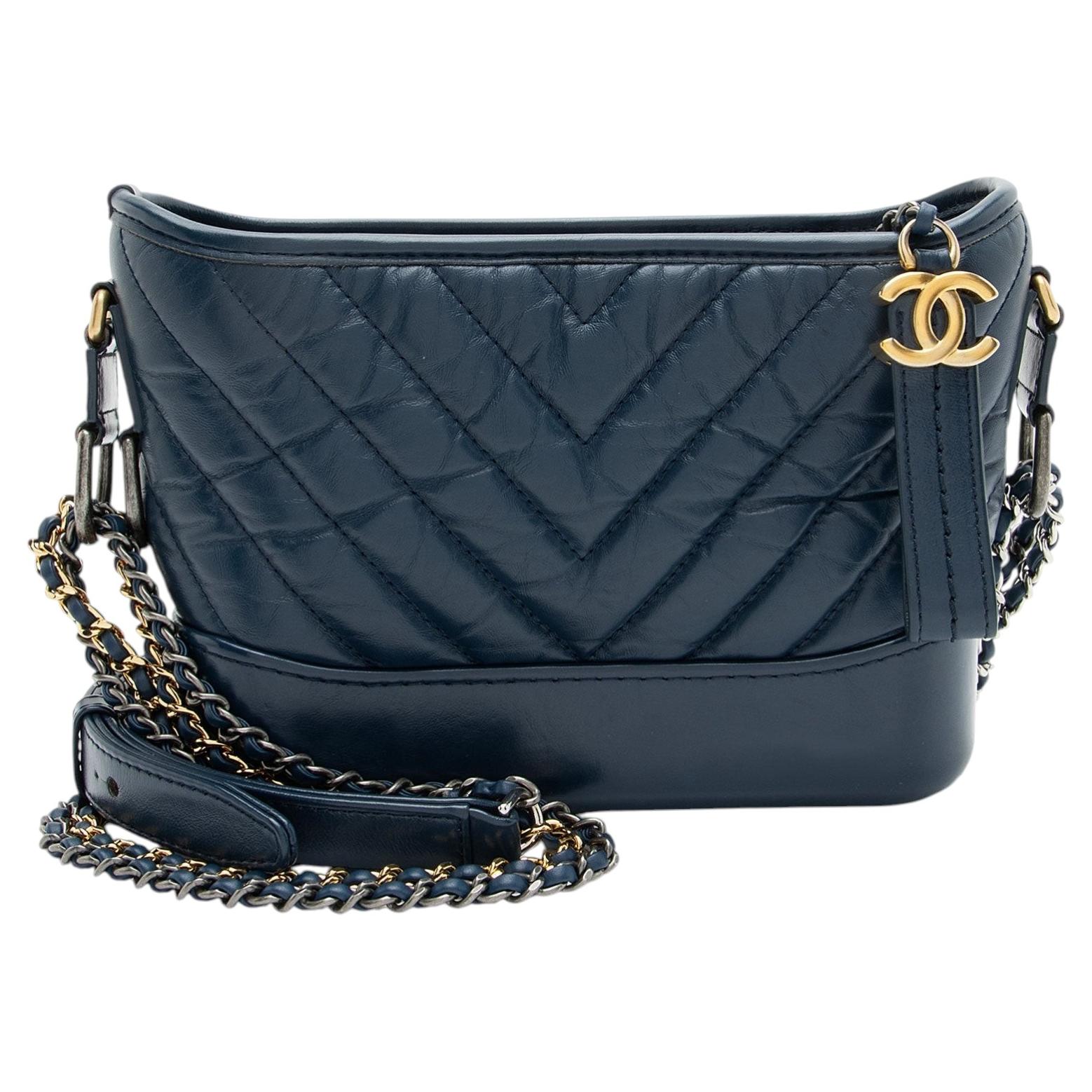 Pre-owned Chanel Chevron Aged Calfskin Gabrielle Small Hobo In Black
