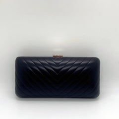 Chanel Chevron Black Lambskin Silver CC Metal Fringe Chain Clutch Bag