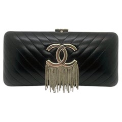 Chanel Chevron Black Lambskin Silver CC Metal Fringe Chain Clutch Bag