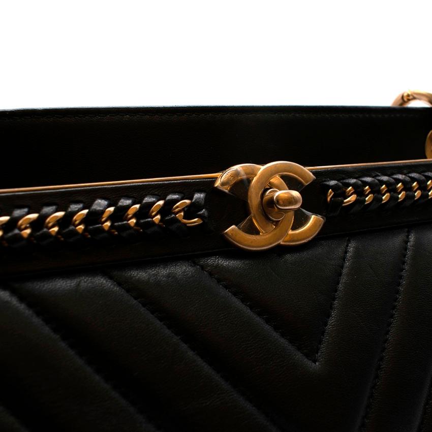 Chanel Chevron Lambskin Black Stitched Chain Top Handle Bag 2