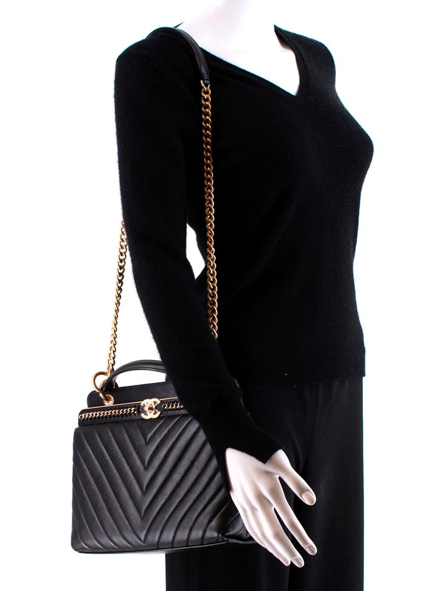 Chanel Chevron Lambskin Black Stitched Chain Top Handle Bag 3