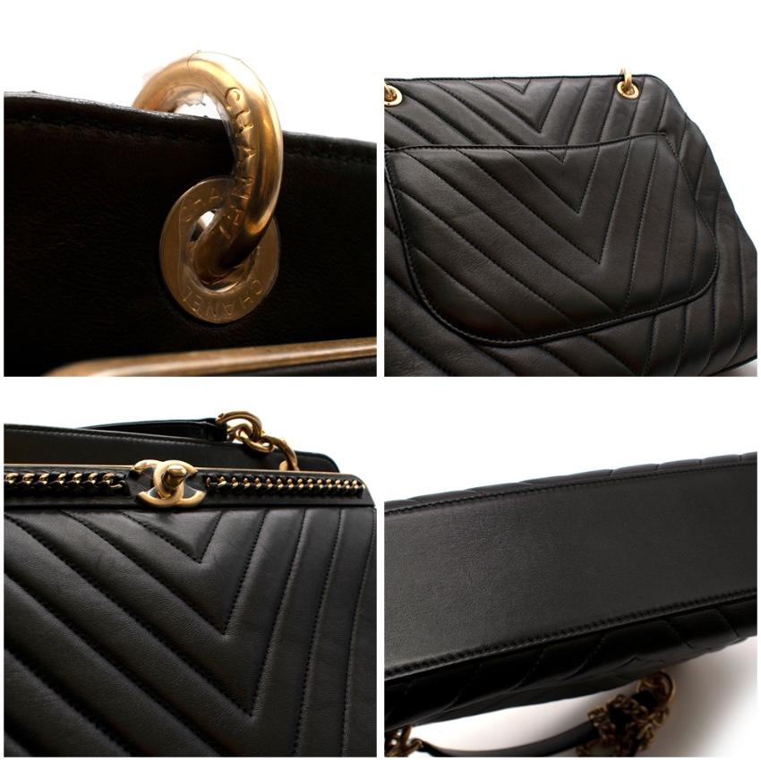 Chanel Chevron Lambskin Black Stitched Chain Top Handle Bag 4