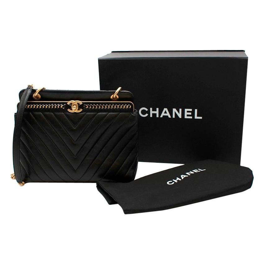 Chanel Chevron Lambskin Black Stitched Chain Top Handle Bag