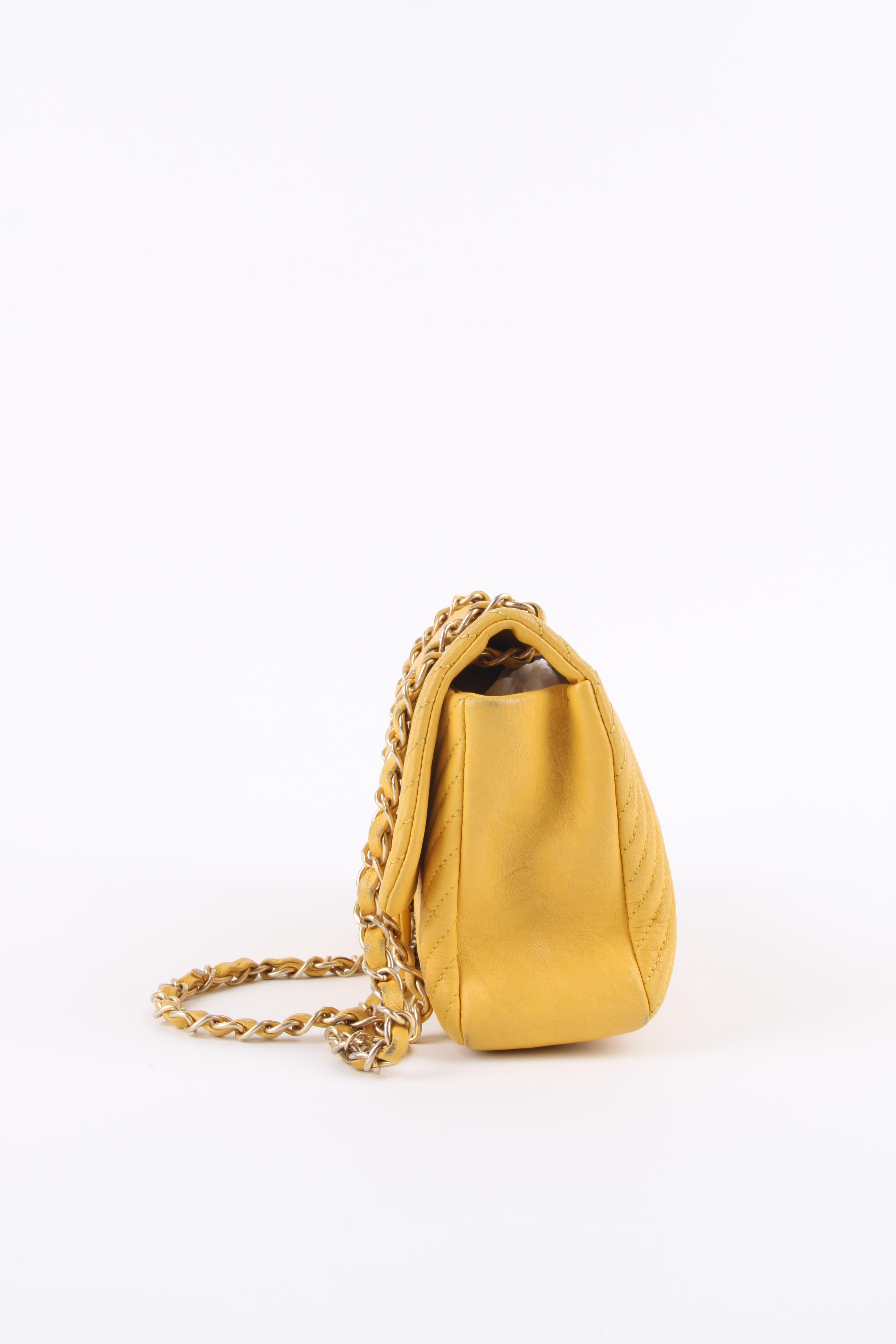 Yellow Chanel Chevron Quilted Rectangular Flap Bag - yellow