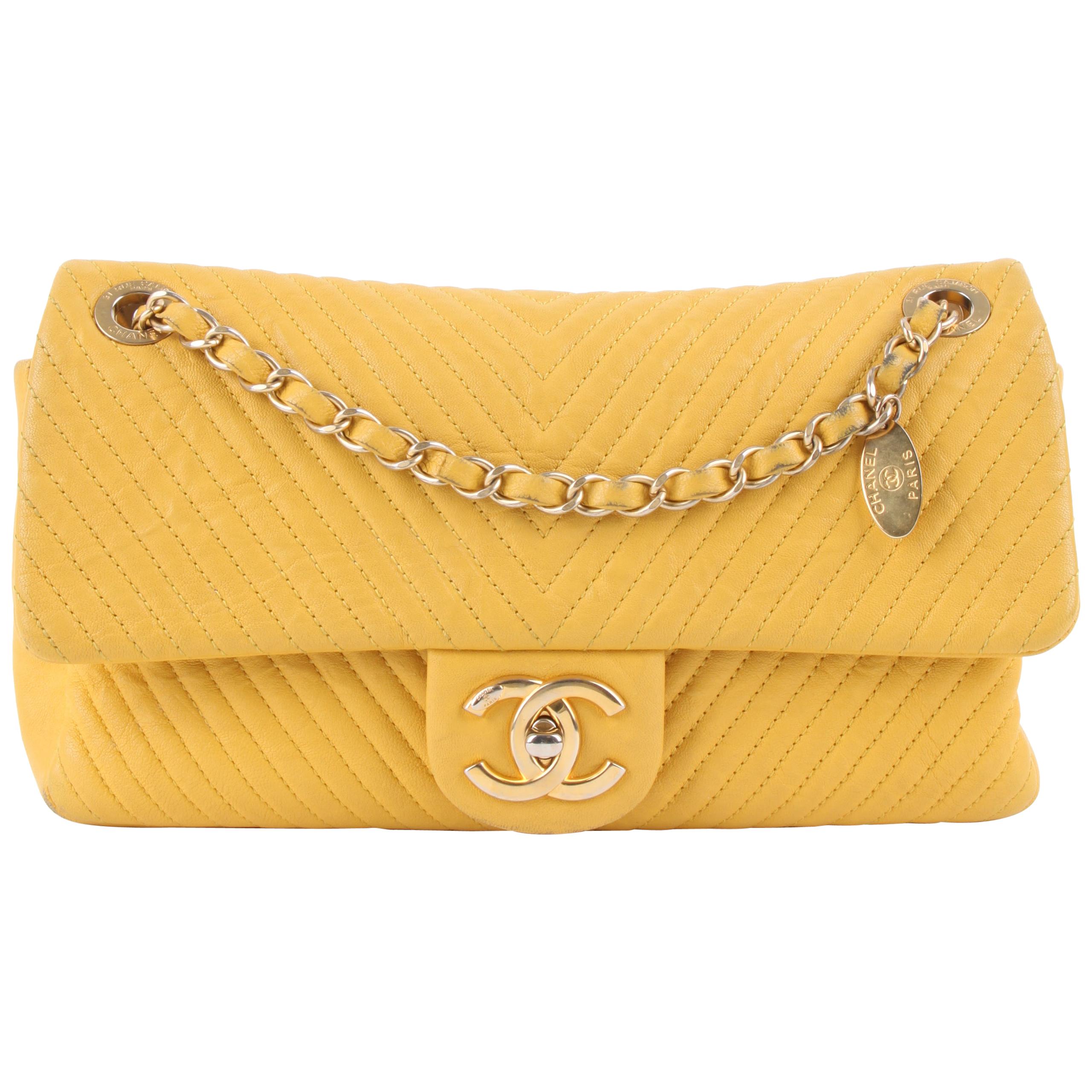 Chanel Chevron Quilted Rectangular Flap Bag - yellow