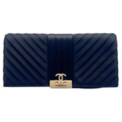 Chanel Chevron Satin CC Logo Fold Clasp Evening Clutch