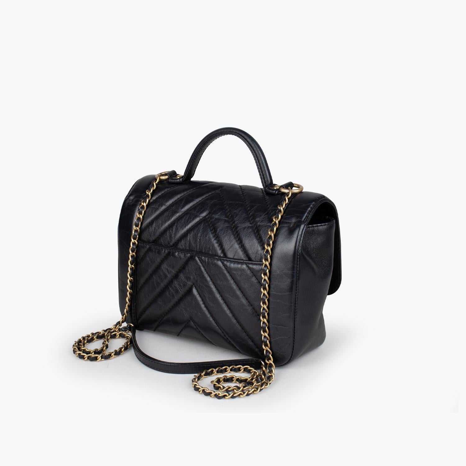 Black Chanel Chevron Top Handle Flap Bag