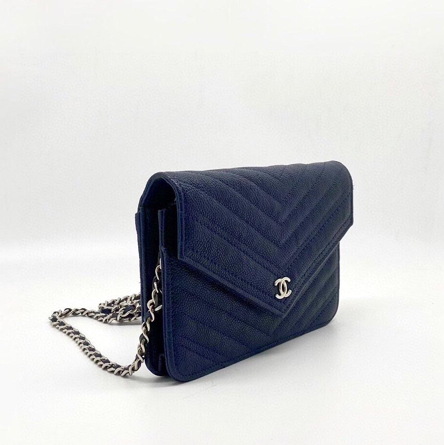 Black Chanel Chevron Wallet on Chain Navy Caviar Leather with Silver Hardware